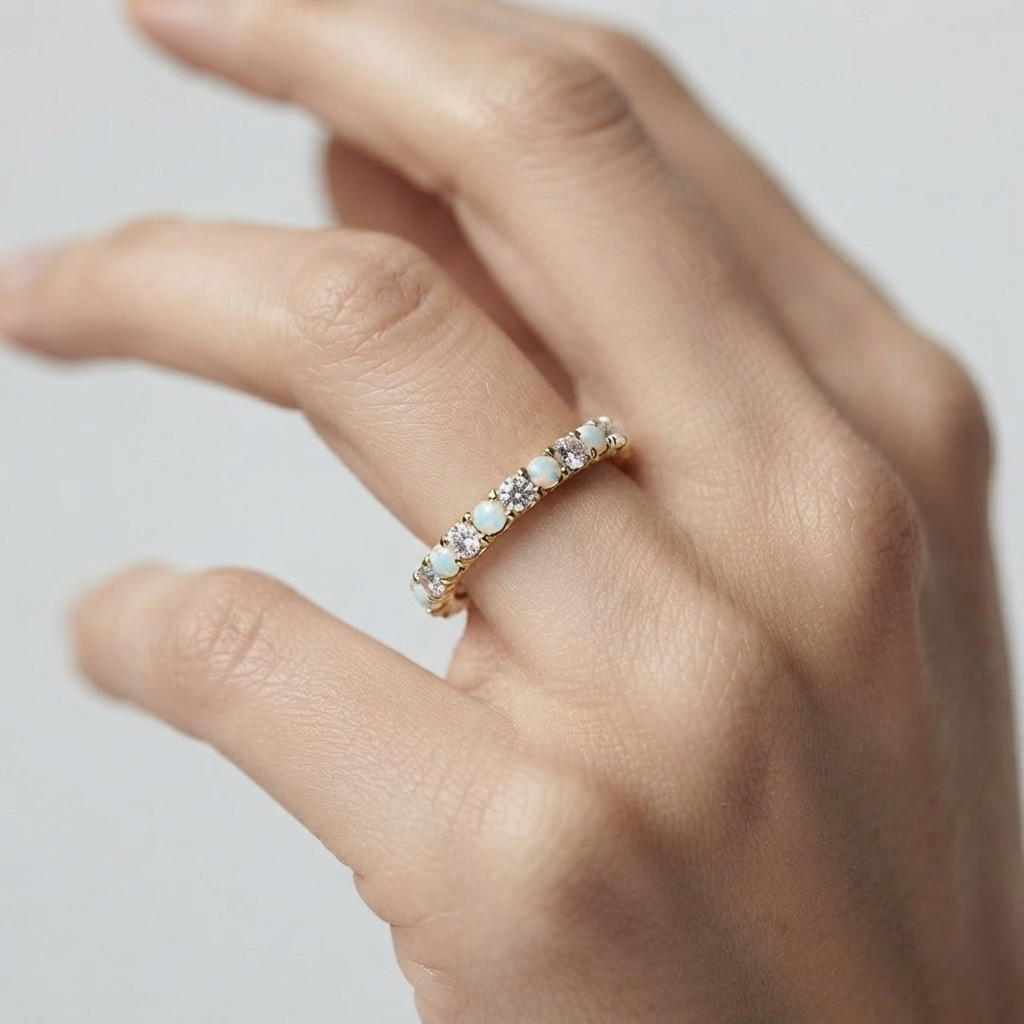 Opal & Round Diamond Half Eternity Ring | Hallmarked Gold & Platinum