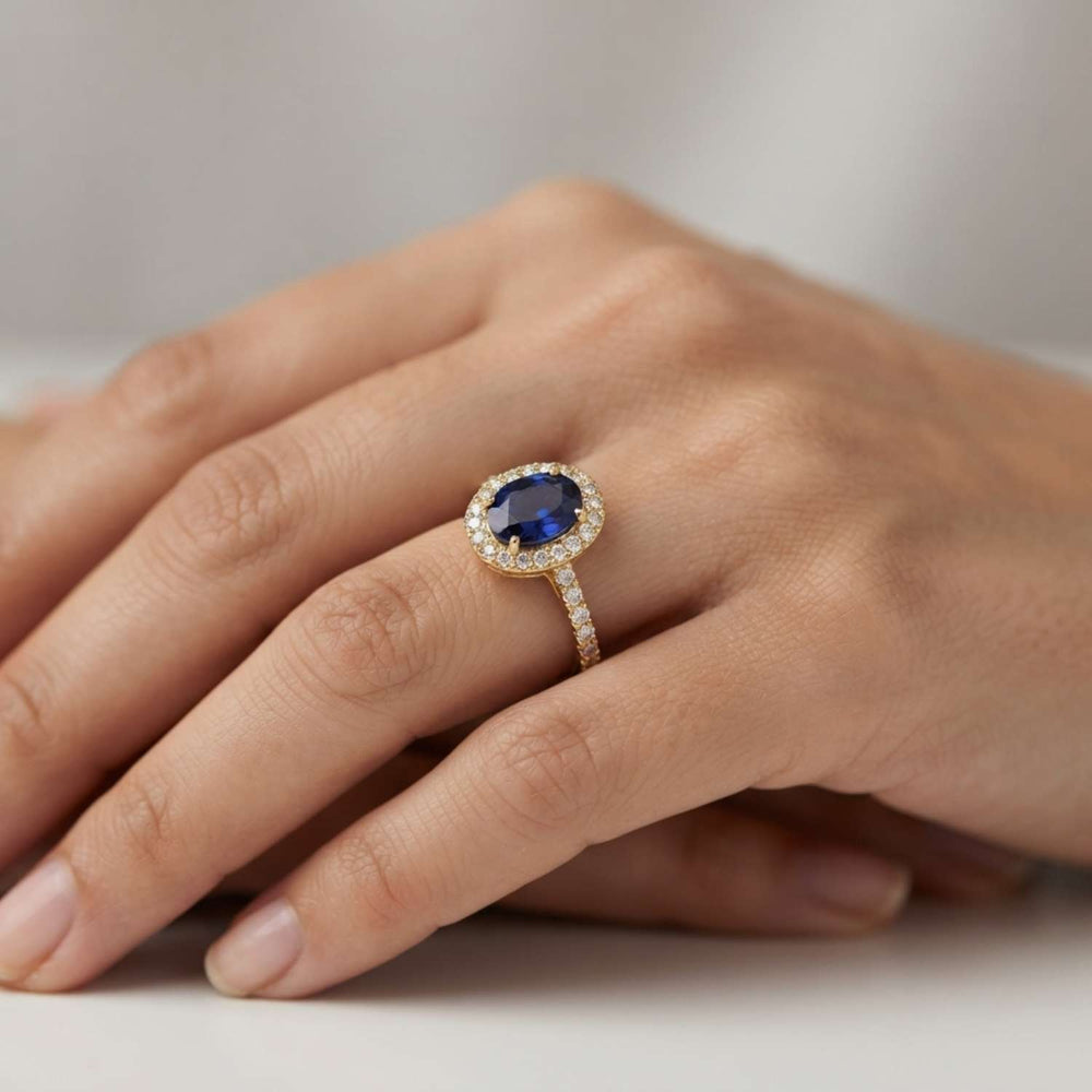 Oval Blue Sapphire Halo Ring Birthday Gift Platinum Jewellery