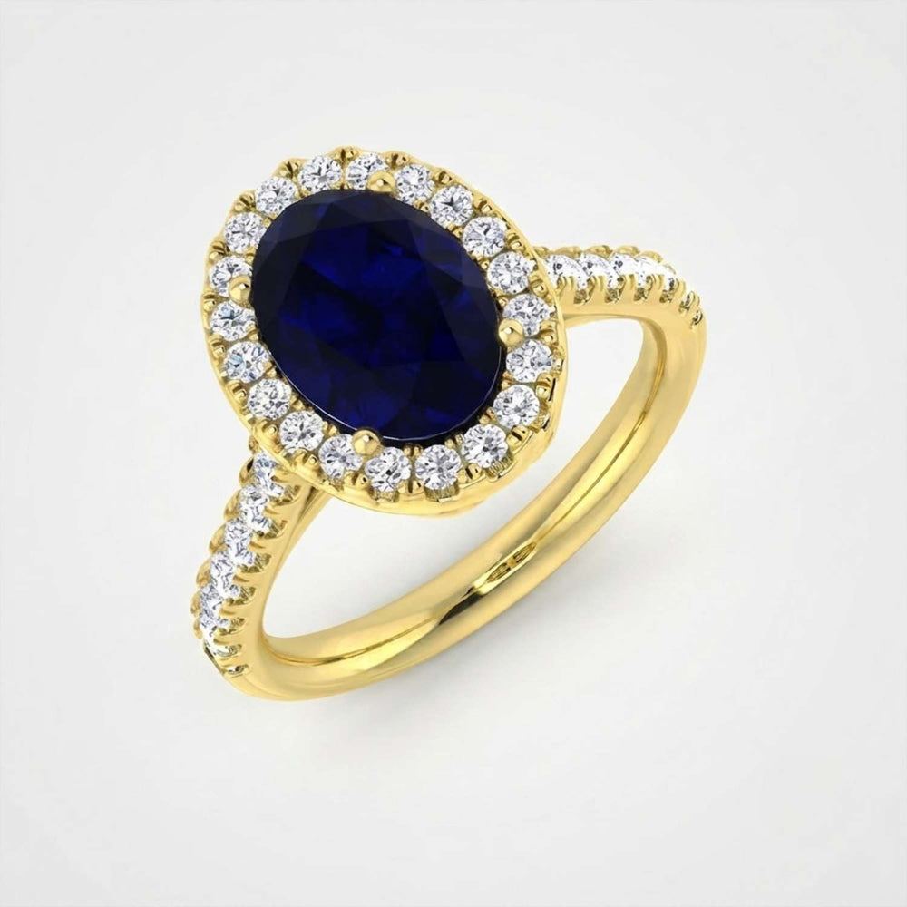 Oval Blue Sapphire Halo Ring Wedding Gift Gold Diamond Band