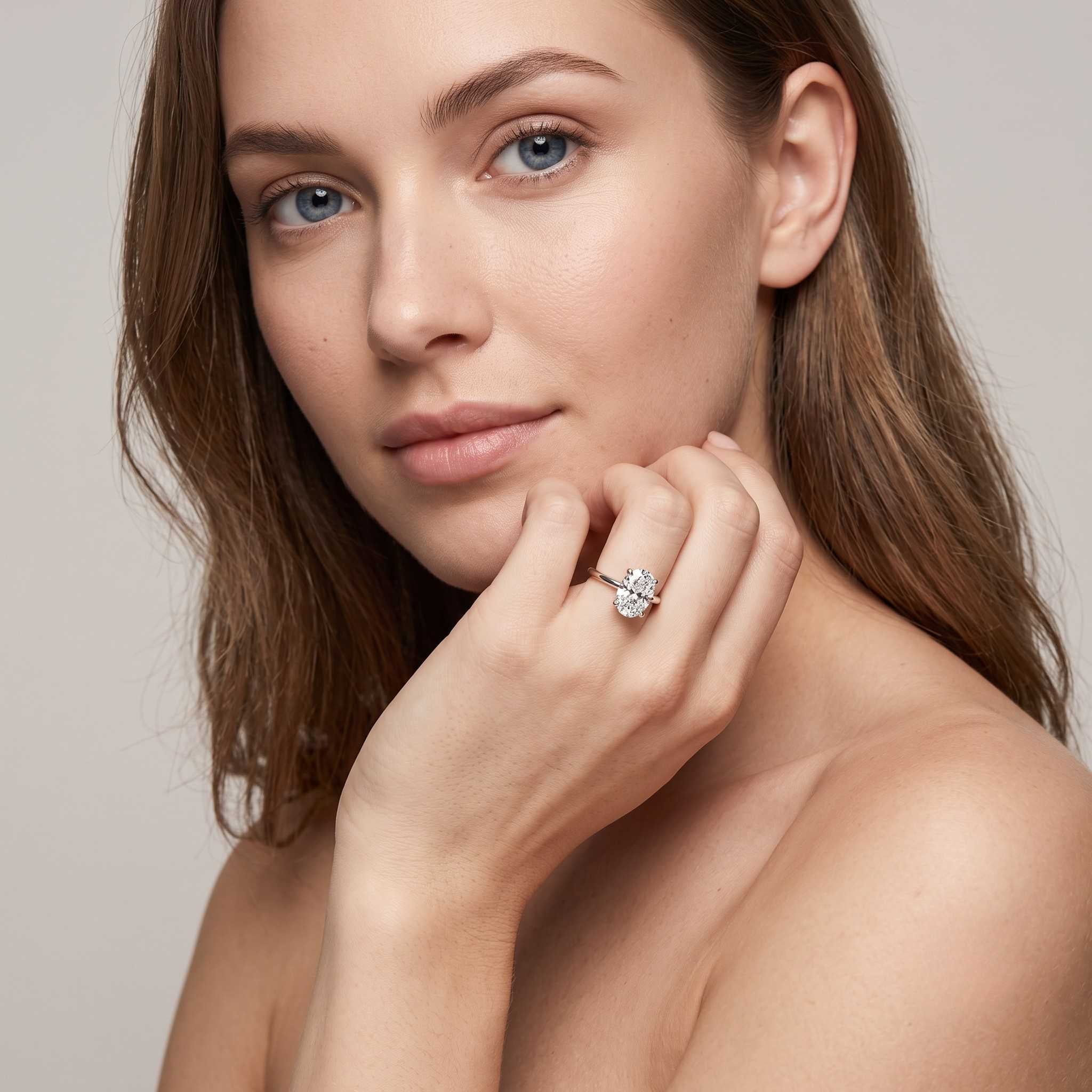 Oval diamond ring on model Valentine gift for her