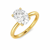 Oval cut diamond solitaire engagement ring in yellow gold featuring an elegant oval centre diamond.