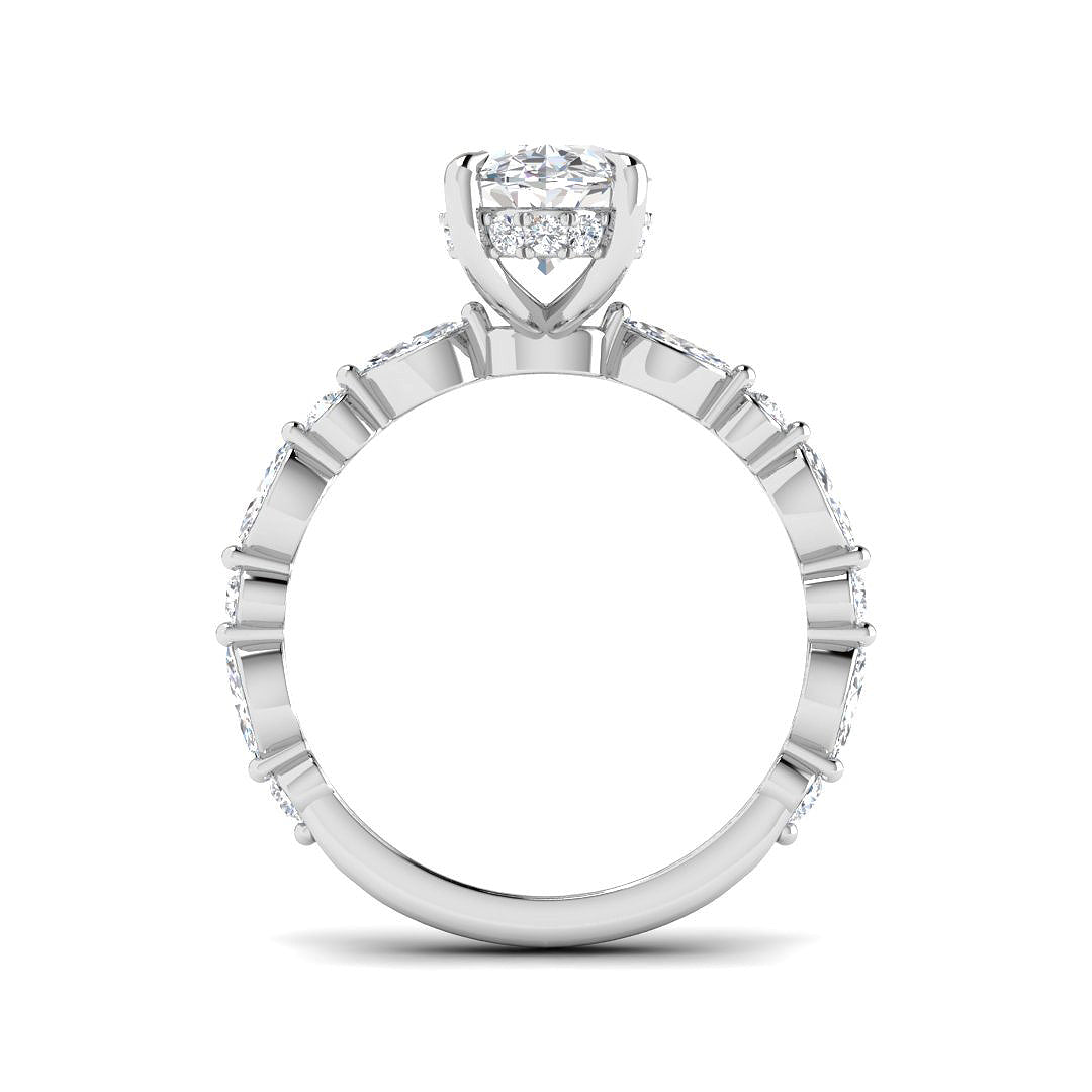 White gold oval diamond engagement ring showcasing elegant accent diamond setting