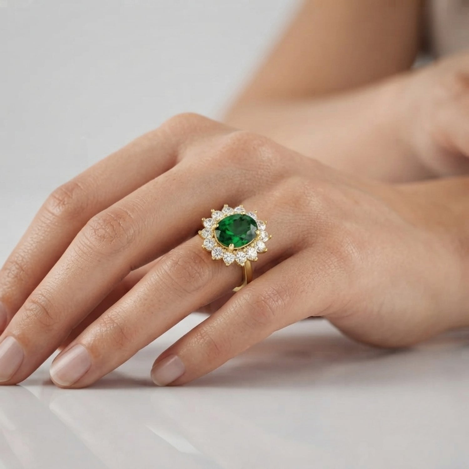 Oval Green Emerald Halo Engagement Ring Birthday Gift Gold Ring