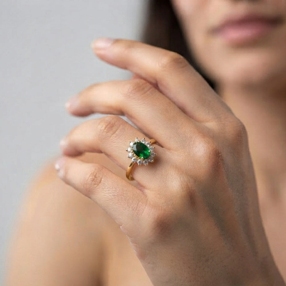 Oval Green Emerald Halo Engagement Ring Luxury Gift for Her