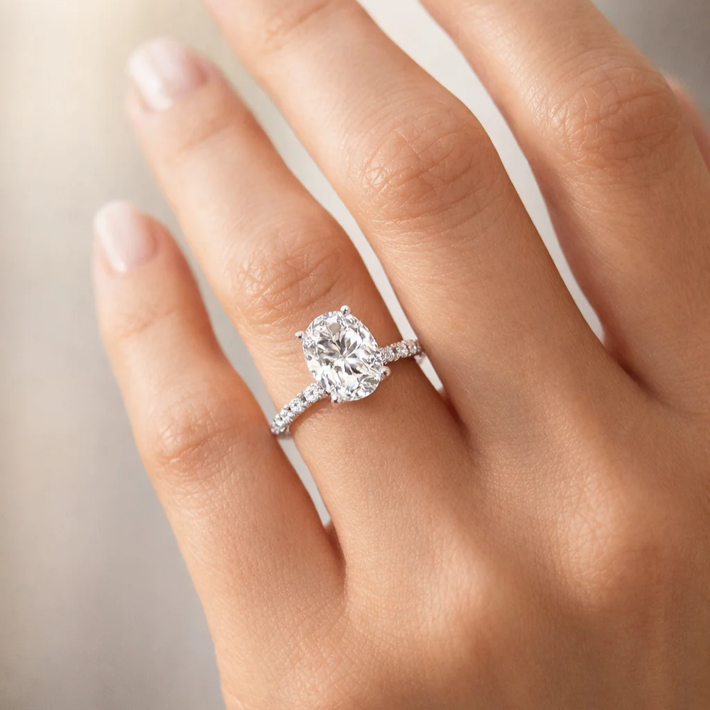 Oval Diamond Solitaire Ring with Pavé Diamond Band in White Gold