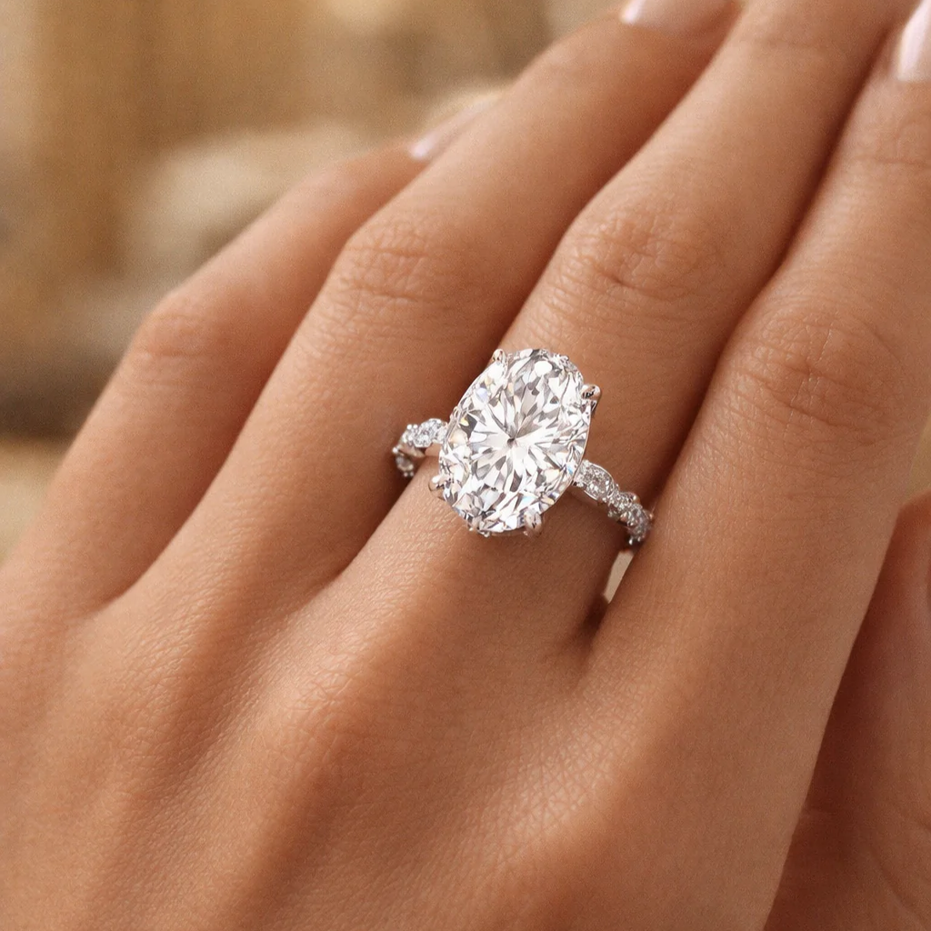 Oval Diamond Solitaire Engagement Ring with Marquise & Round Accent Band