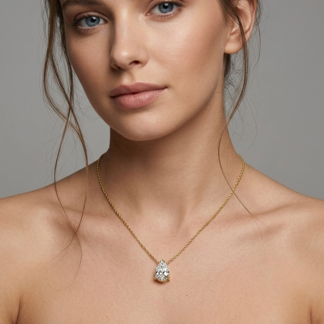 Elegant pear-cut diamond pendant, a perfect gold jewelry gift.