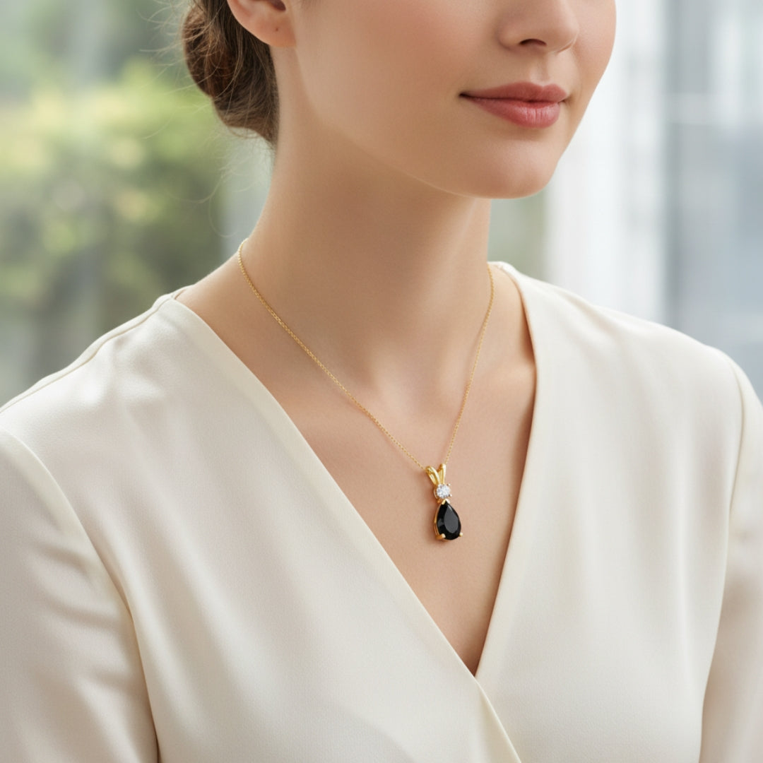 Pear Black Onyx & Diamond Rose Gold Pendant Necklace