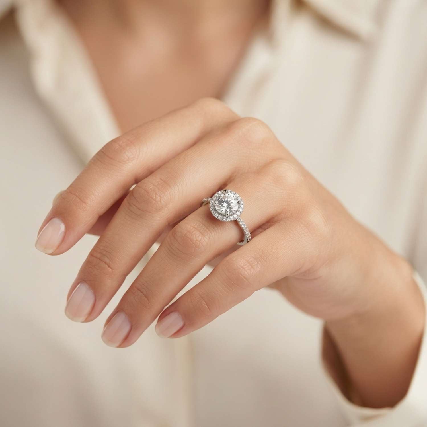 Luxury 950 platinum round diamond engagement ring with continuous pavé detailing along the band.