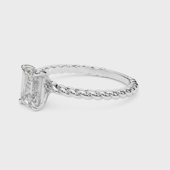 Emerald Cut Diamond Twisted Band 4-Prong Solitaire Engagement Ring