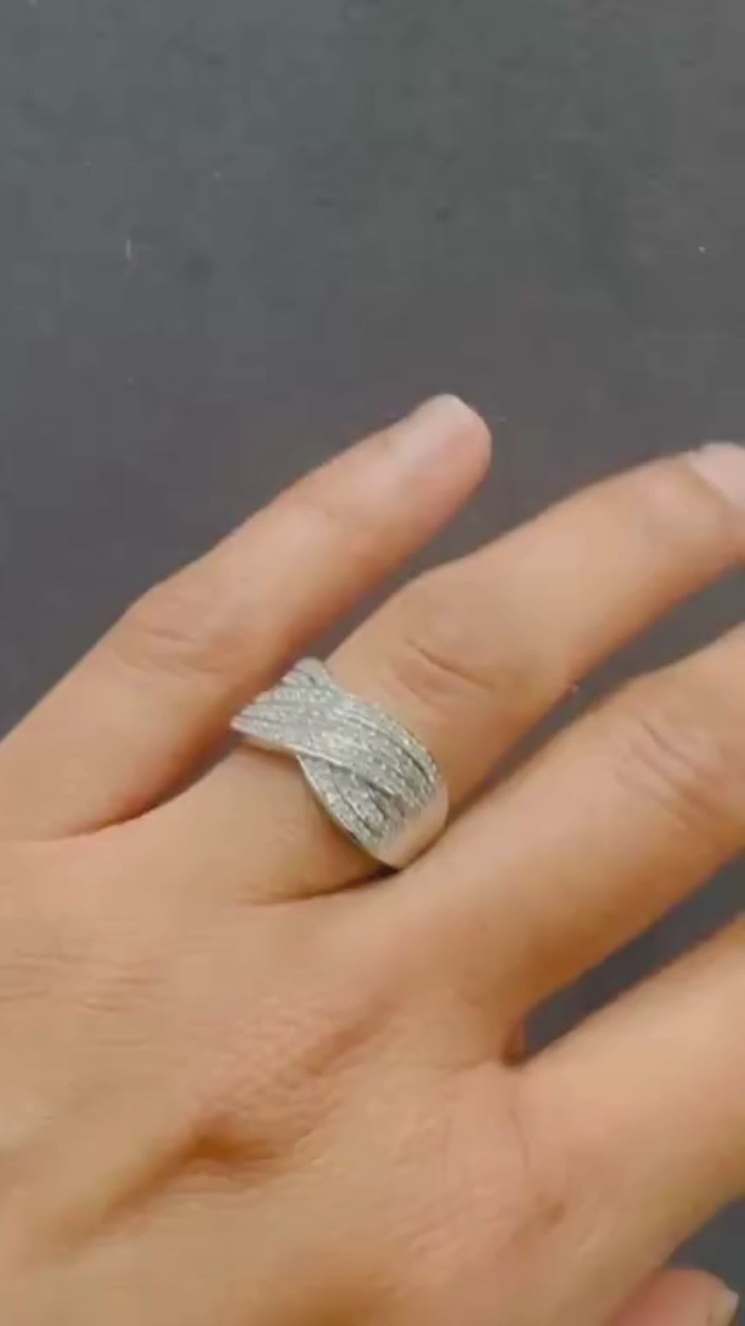 Round Cut Pave Set Criss Cross Multi-Row Lab Grown Diamond Ring 18K White Gold