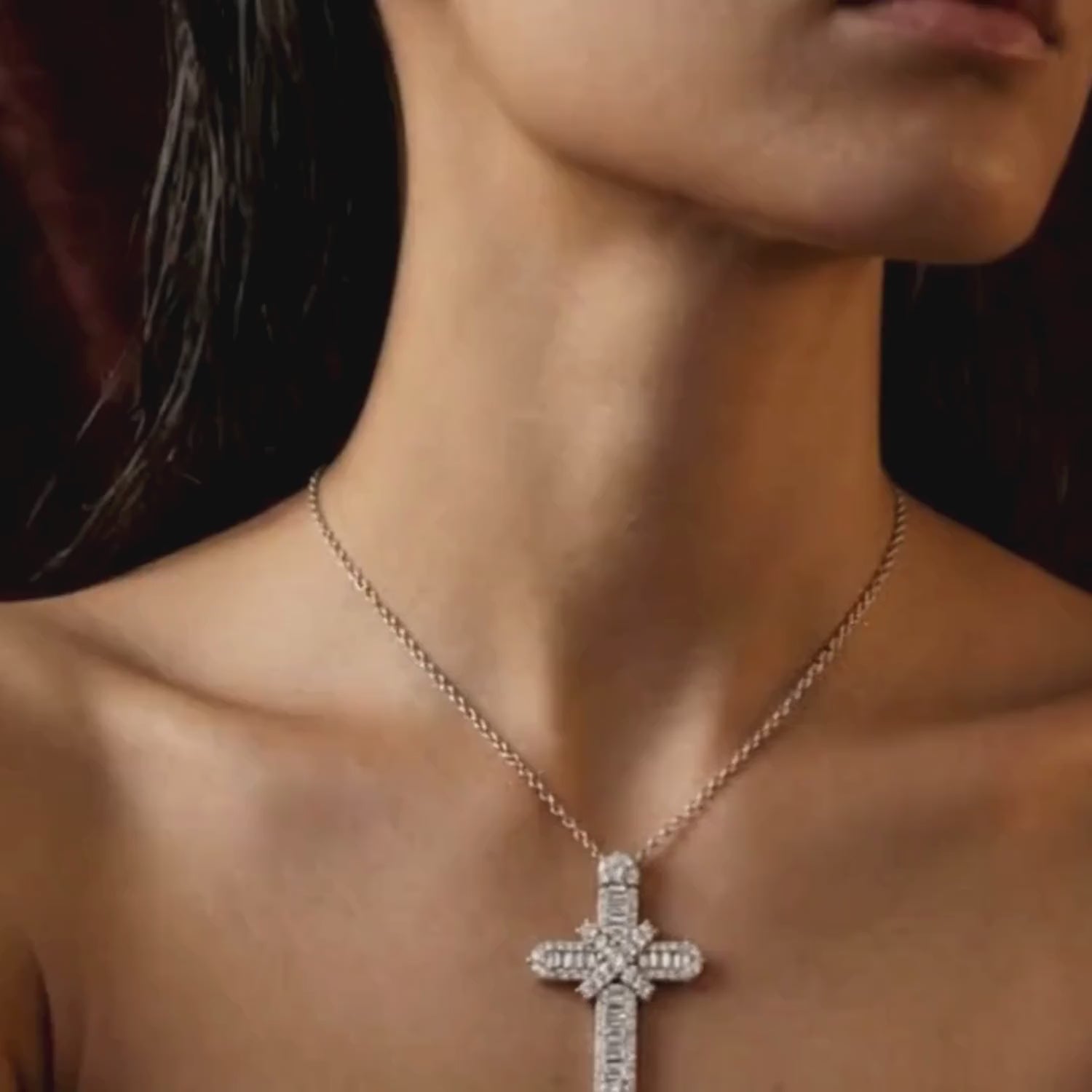1.25 Ct Natural Baguette & Round Diamond Cross Pendant | 9K White Gold