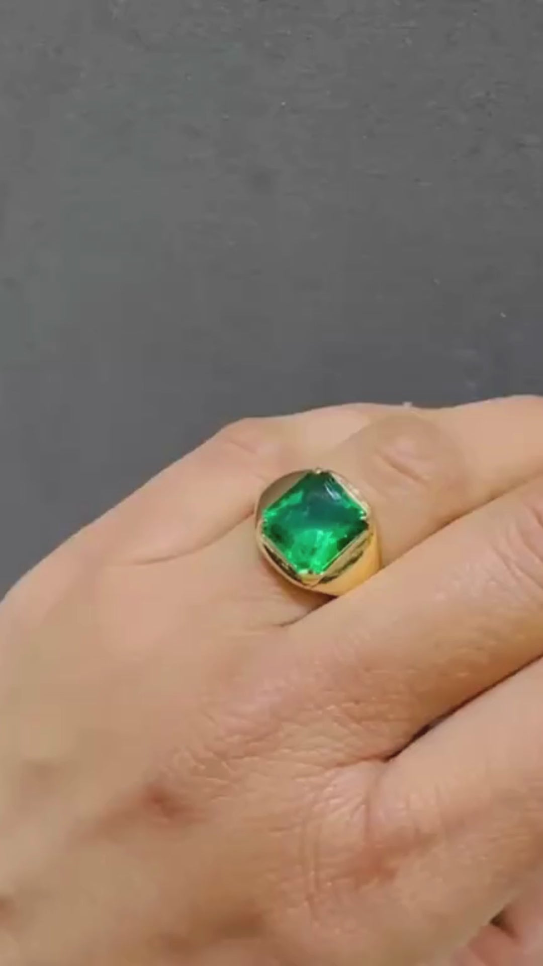 3 Carat Lab Created Solitaire Cushion Cut Emerald Gemstone Ring in 18K Yellow Gold
