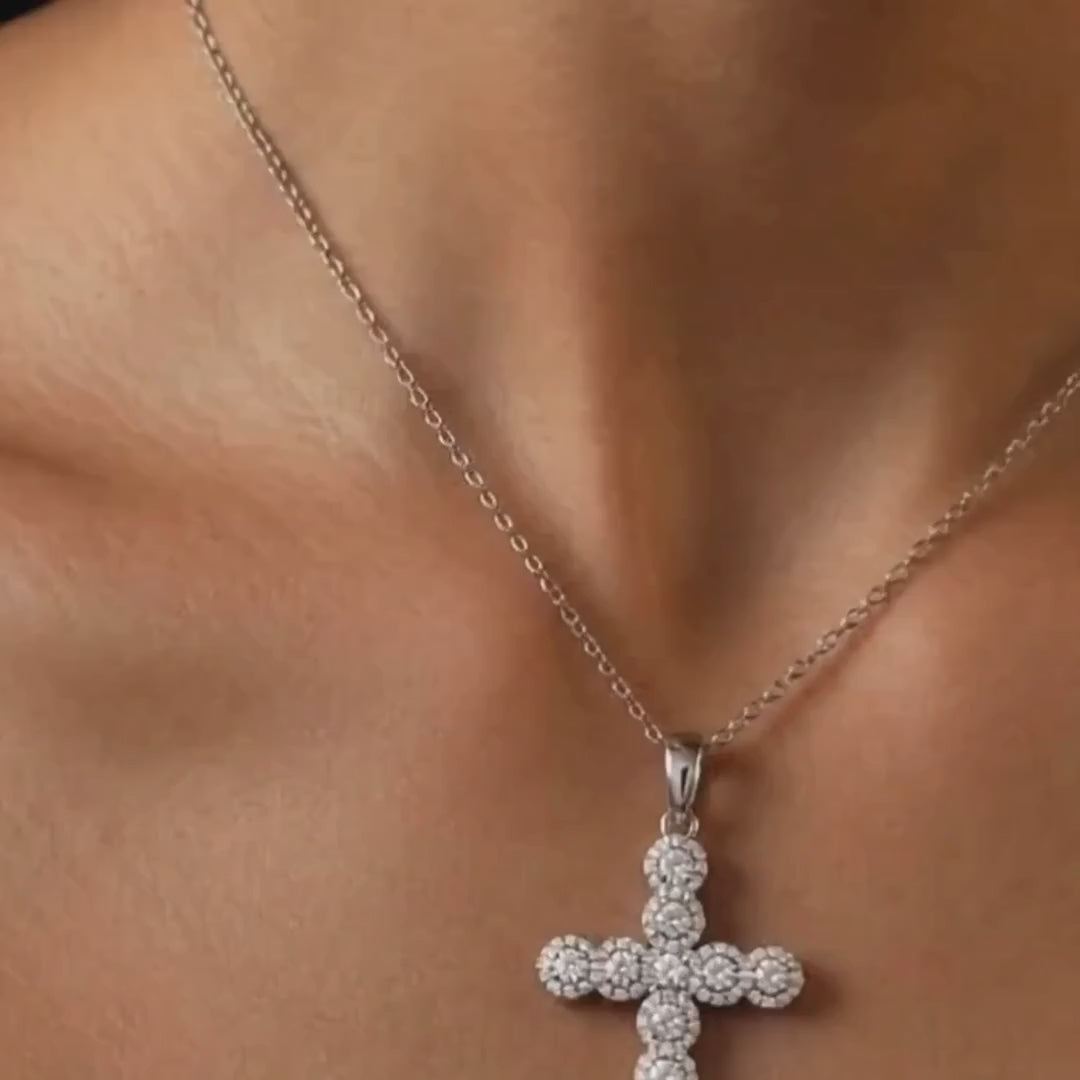 Round Halo Diamond Cross Pendant Necklace in White Gold - Men's Necklace