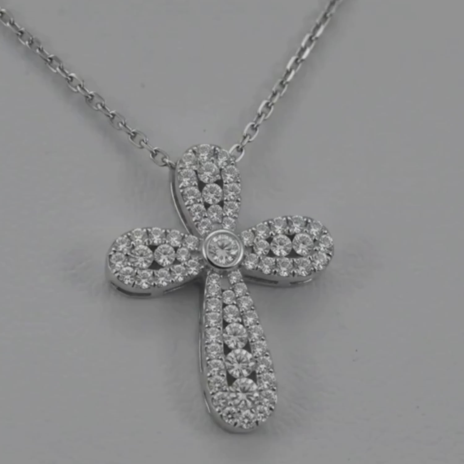Rounded Bezel & Pavé Diamond Cross Necklace in Gold or Platinum