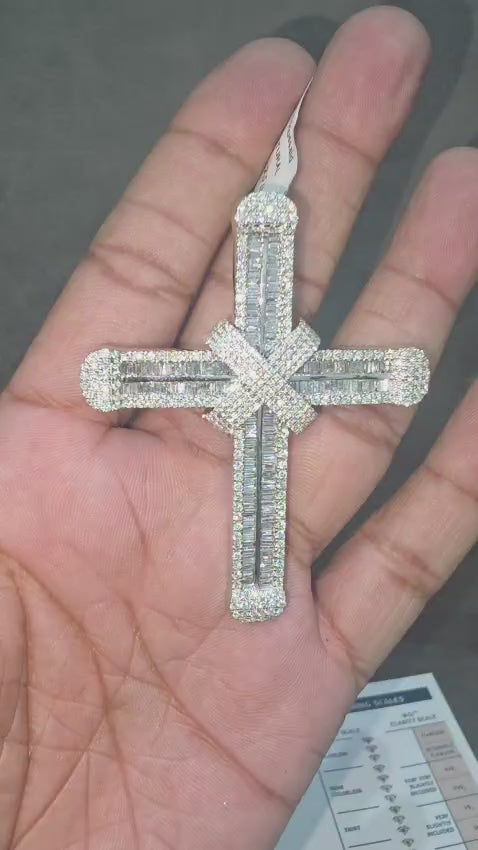WGI 5.20Ct Natural Baguette & Round Diamond Cross Pendant 18k White Gold Ready To Ship