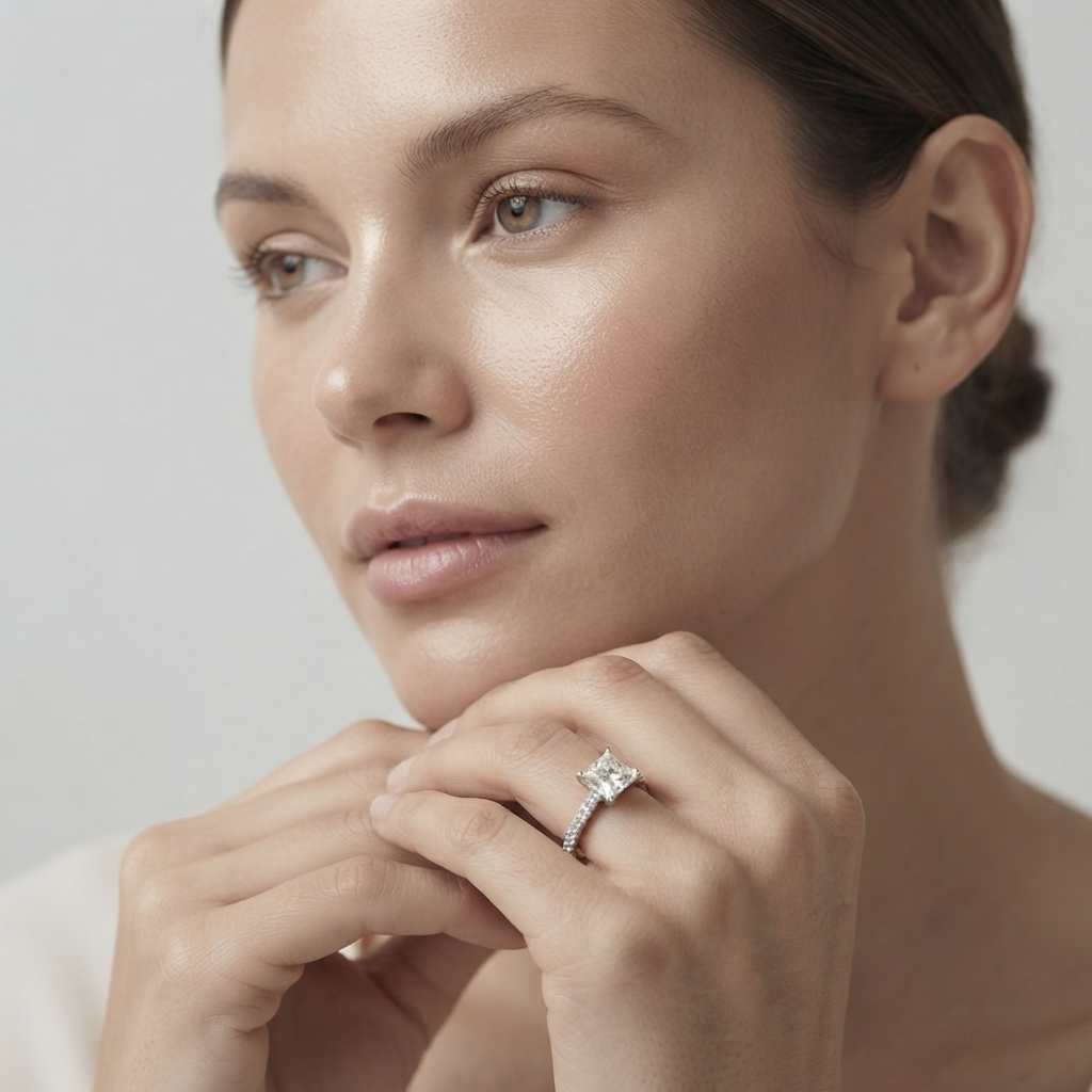 Princess Cut Diamond Engagement Ring Birthday Gift Pave Band Gold