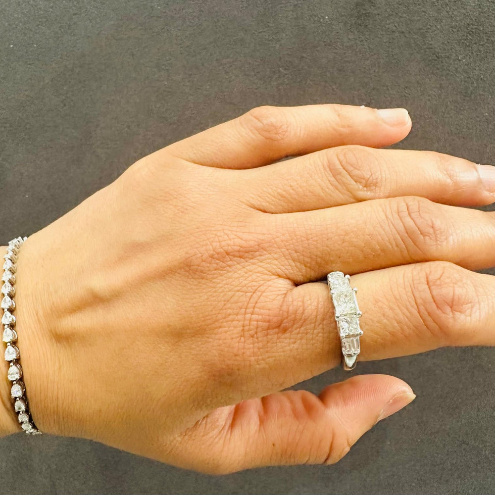 Princess Cut Natural Diamond Trilogy Engagement Ring with Baguette Sides 14K White Gold