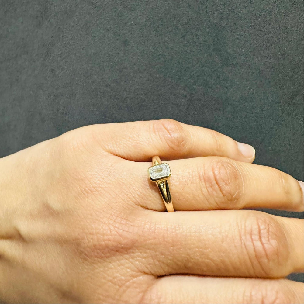 IGI Certified Emerald Cut Lab Grown Diamond Bezel Set Solitaire Ring 9K Yellow Gold Promise Ring