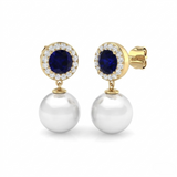 5.50ct Blue Sapphire Halo Pearl Diamond Earrings | Elegant Diamond Jewelry