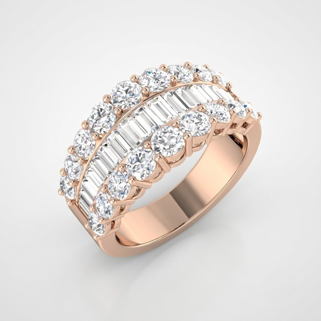 Rose gold baguette and round diamond ring for an anniversary.