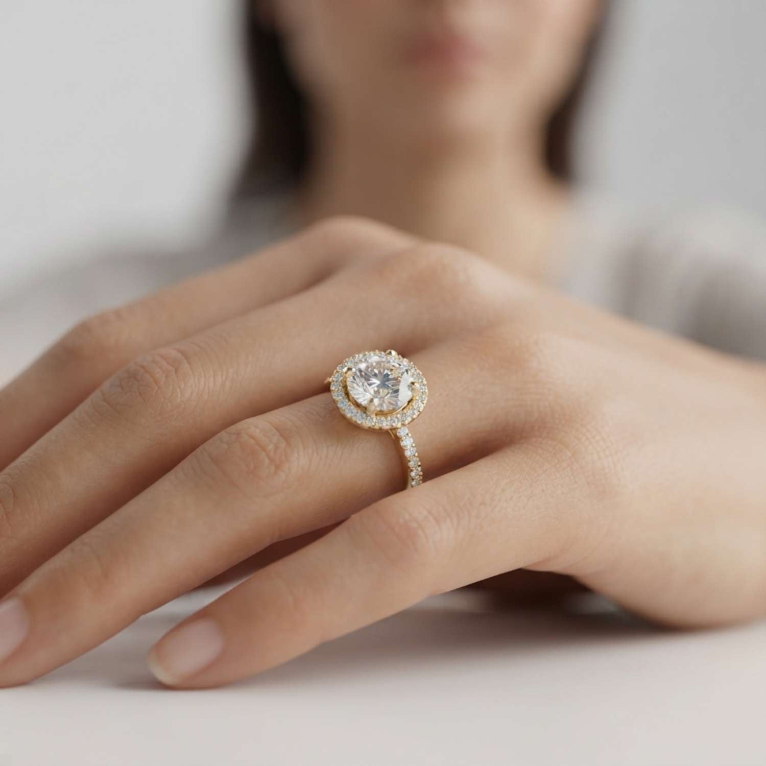 Romantic 18K rose gold round-cut lab-grown diamond ring styled on a clean background for a proposal.