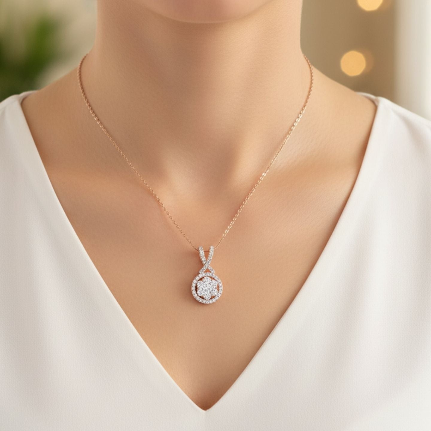 Timeless Diamond Halo Pendant Necklace – Cluster Design with Twist Bail UK Hallmarked