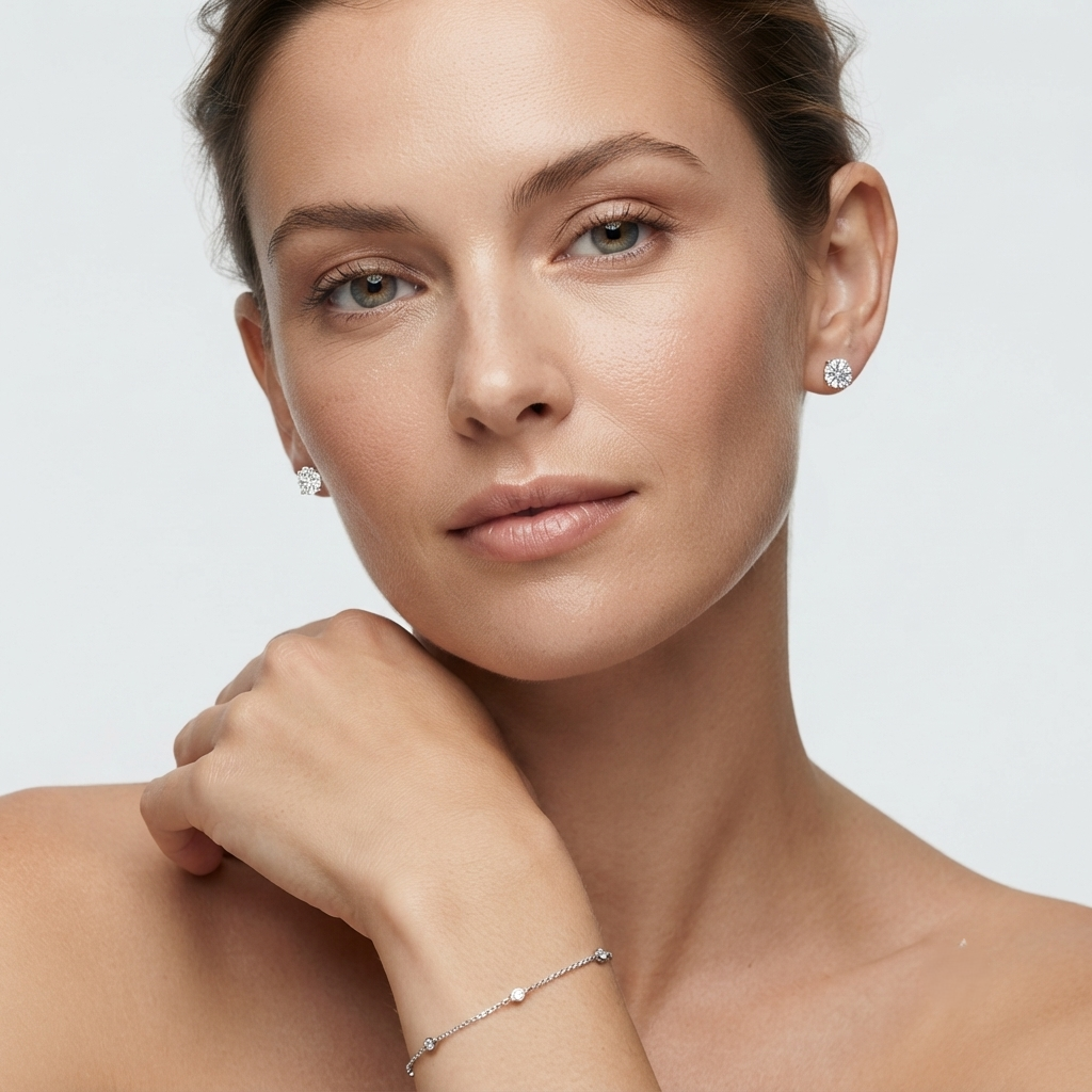 Stud Earrings with Round Shape Diamonds - 9k Solid Gold