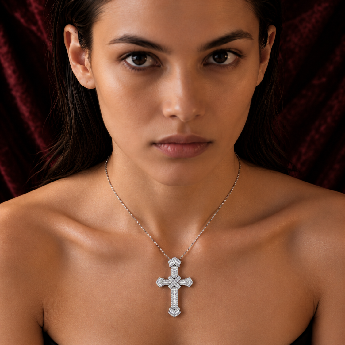 Baguette & Round Diamond Knot Cross Pendant Necklace | UK Hallmarked