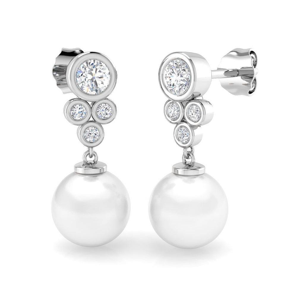 Round Pearl Diamond Drop Earrings 