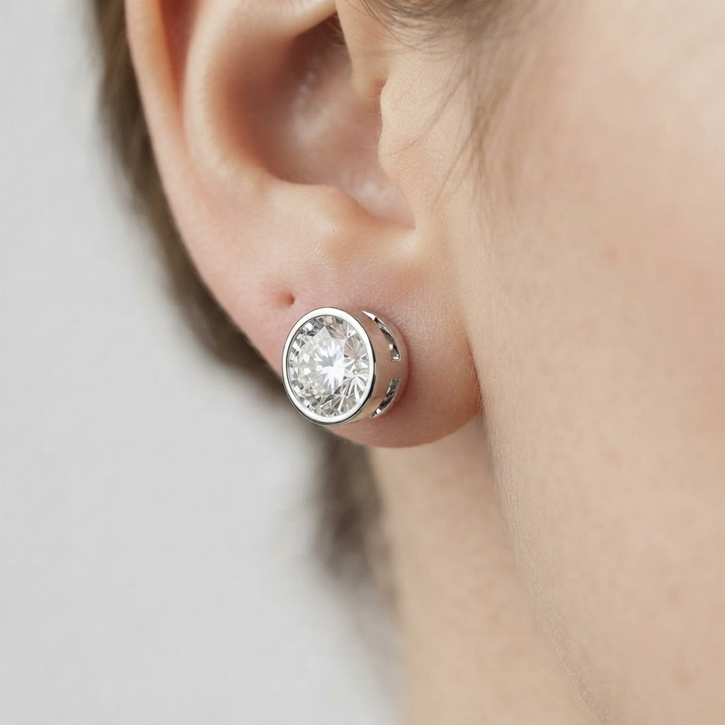 Stud Earrings with Round Bezel Set Diamonds - Solid Gold