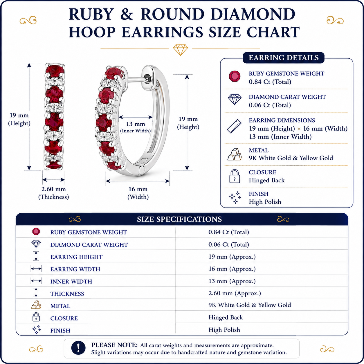 Ruby Diamond Hoop Earrings in 9K White Gold | Round Cut Prong Set
