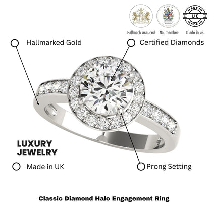 Lab Grown Round Diamond Halo Engagement Ring 18K White Gold