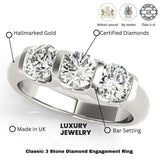 Diamond engagement ring with features labeled on a white background