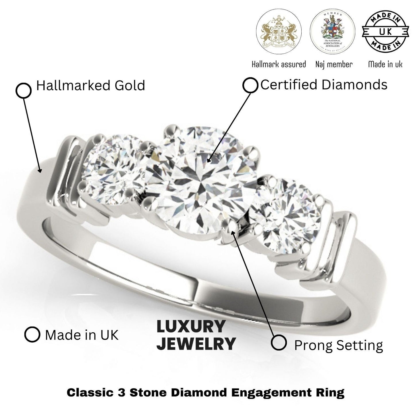 2.00Ct Lab Grown Round Diamond 3 Stone Engagement Ring Platinum - Two Tone