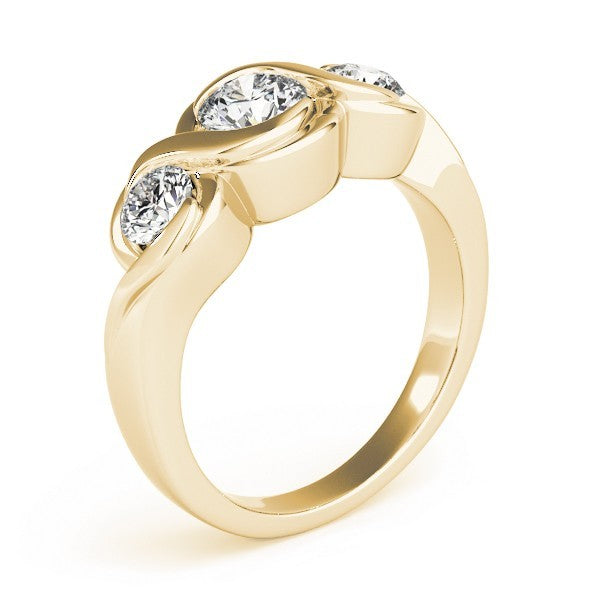Gold ring with three diamonds on a white background