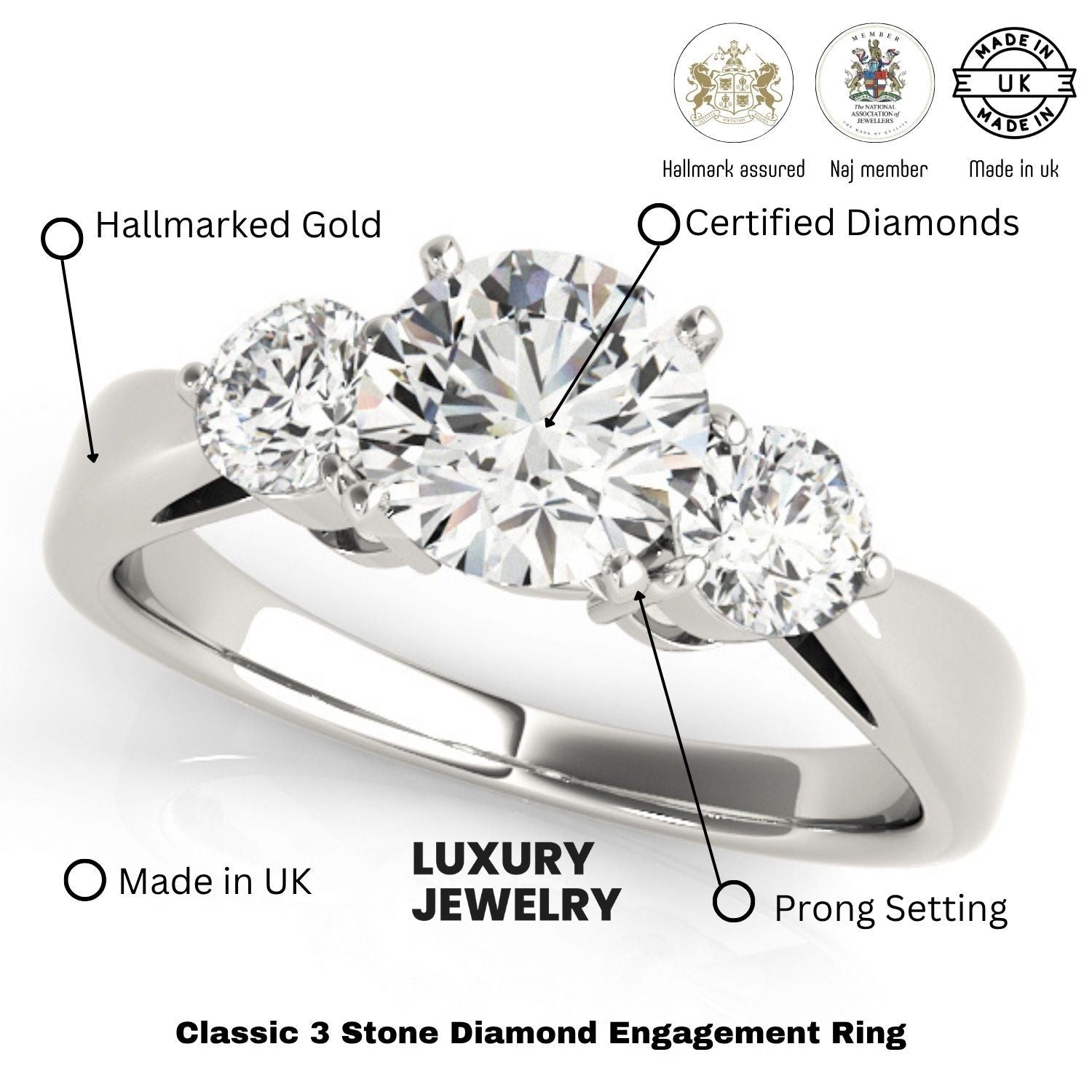 Diamond engagement ring with hallmarking details on a white background
