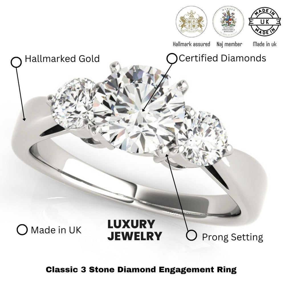 Diamond engagement ring with hallmarking details on a white background