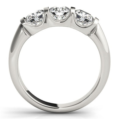 Silver ring with three heart-shaped diamonds on a white background