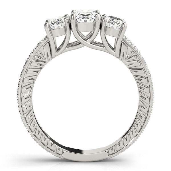 Silver ring with three diamonds on a white background