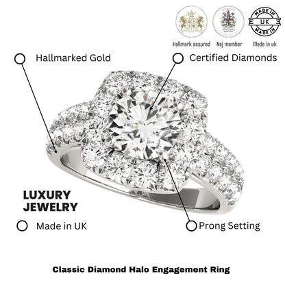 3.00 Carat Lab Grown Round Cut Diamond Halo Engagement Ring 18K White Gold