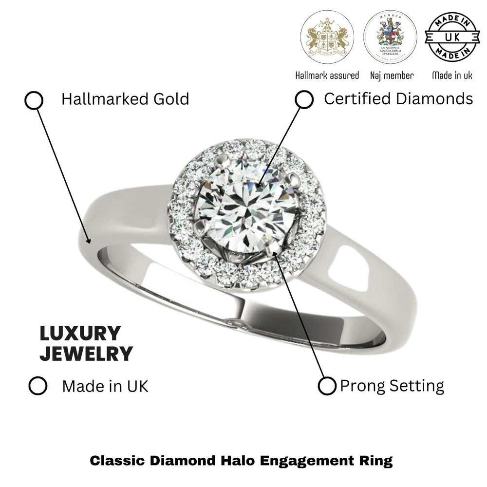 Classic diamond halo engagement ring with hallmarked gold and certified diamonds, featuring a prong setting.