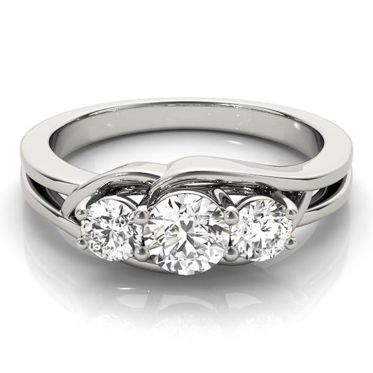 Silver ring with three diamonds on a white background