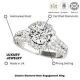 Verlobungsring mit Halo aus im Labor gezüchteten, runden Diamanten, 18 Karat Weißgold