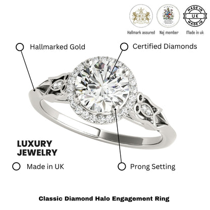 0.50-2.00 Ct DE/VS Lab-Grown Diamond Halo Engagement Ring in Platinum