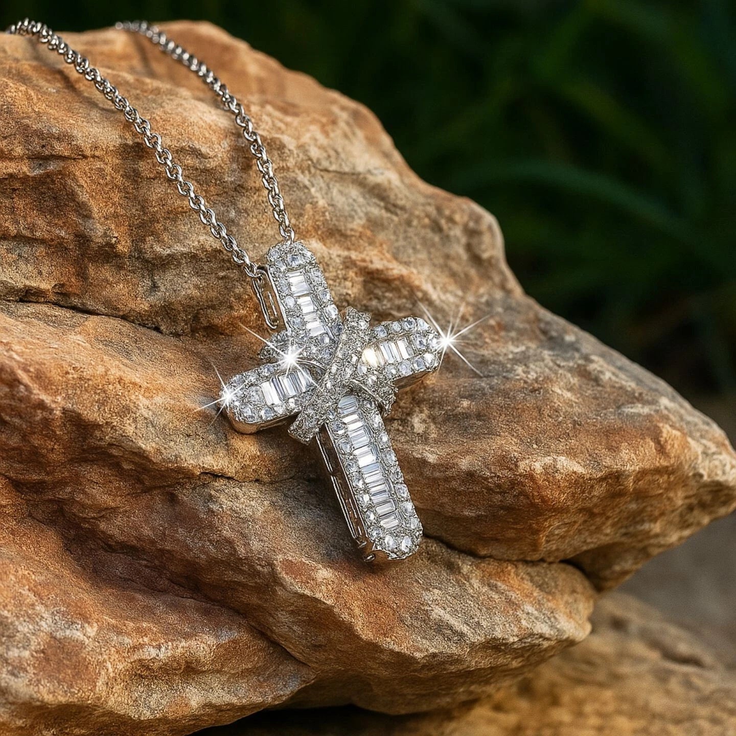 Silver cross pendant necklace on a rock with a natural diamond