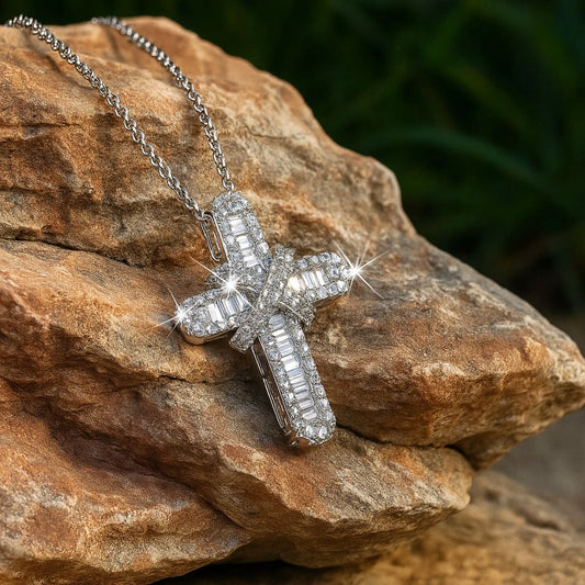 Silver cross pendant necklace on a rock with a natural diamond