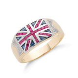 Bague homme en or jaune 9 carats, ornée d'un diamant rond de 1,34 ct et de plusieurs pierres, représentant l'Union Jack.