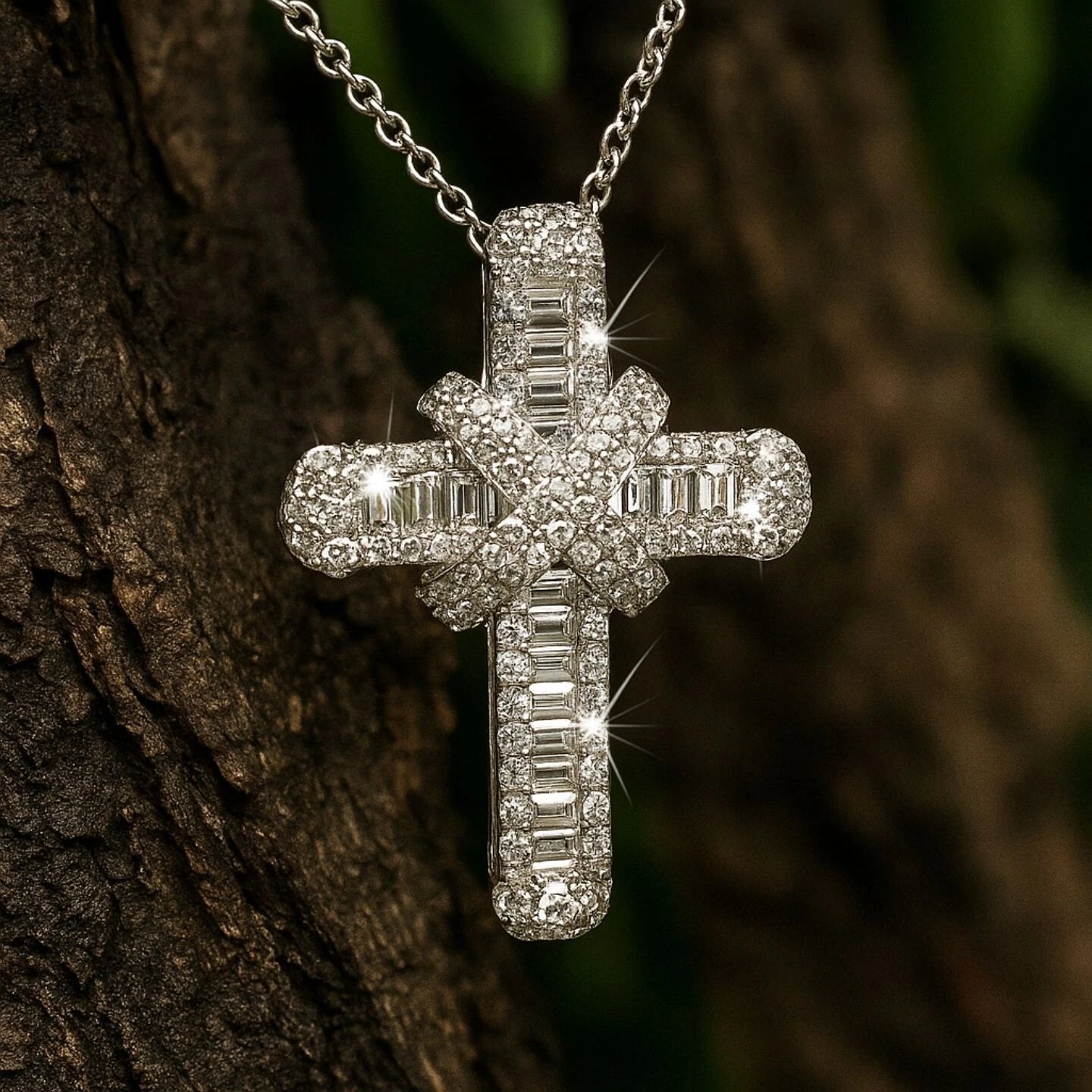Silver cross pendant with clear stones on a chain against a blurred natural background