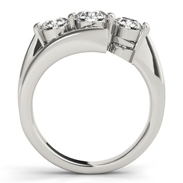 Silver ring with three diamonds on a white background
